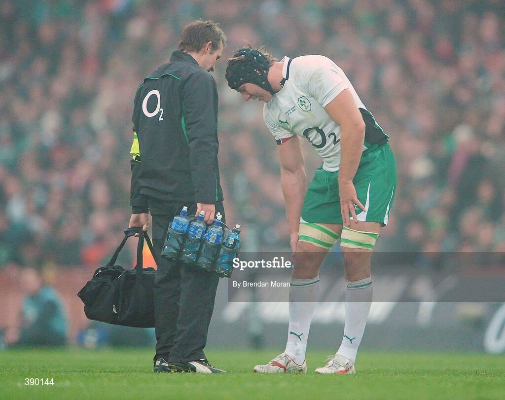 28 November 2009; Ireland's Stephen Ferris, in conversation with team physio Cameron Steele, before leaving the pitch with an ankle injury. Autumn International Guinness Series 2009, Ireland v South Africa, Croke Park, Dublin. Picture credit: Brendan Moran / SPORTSFILE