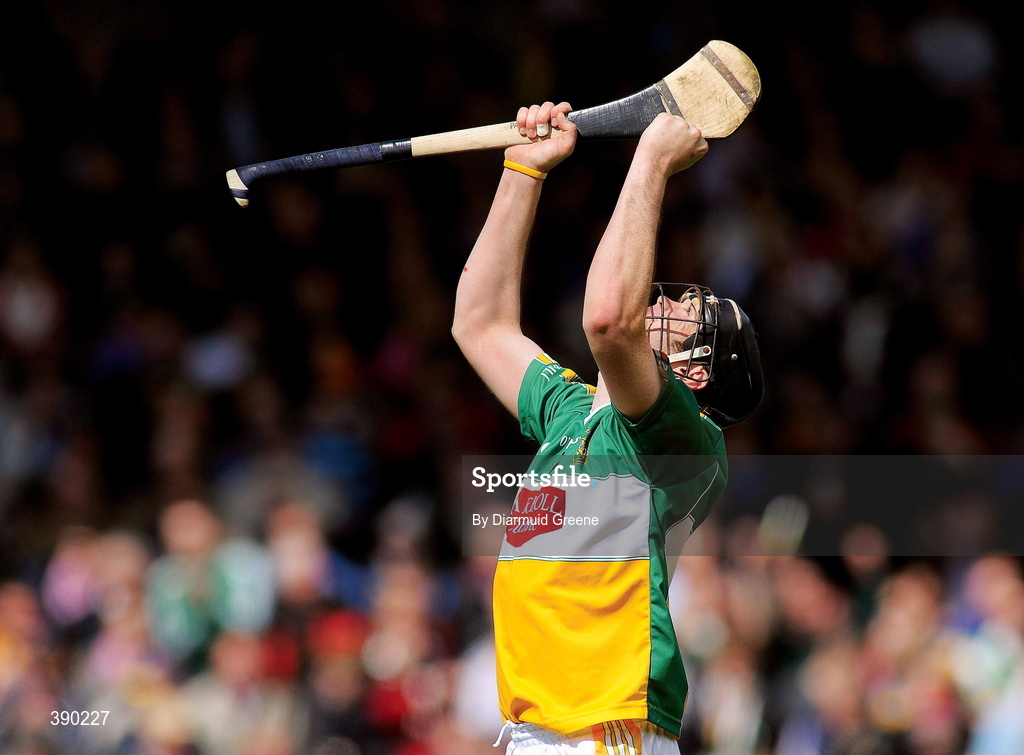 3 May 2009; Hallelujah! Paul Cleary of Offaly celebrates the final whistle and his side’s liberation from Division Two of the National Hurling League. Picture credit: Diarmuid Greene / SPORTSFILE      This image may be reproduced free of charge when used in conjunction with a review of the book "A Season of Sundays 2009". All other usage © SPORTSFILE