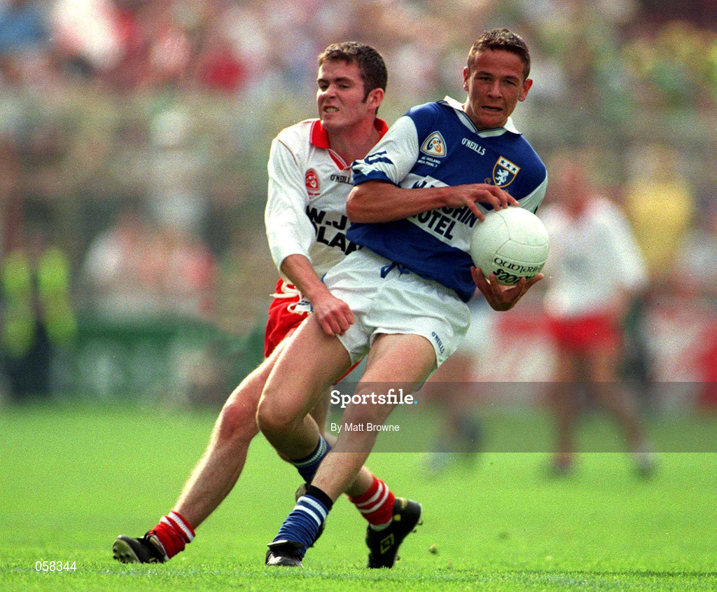 27 September 1998; Tom Kelly of Laois is tackled by Aidan Ball of Tyrone during the All-Ireland Minor Football Championship Final match between Laois and Tyrone at Croke Park in Dublin. Photo by Matt Browne/Sportsfile