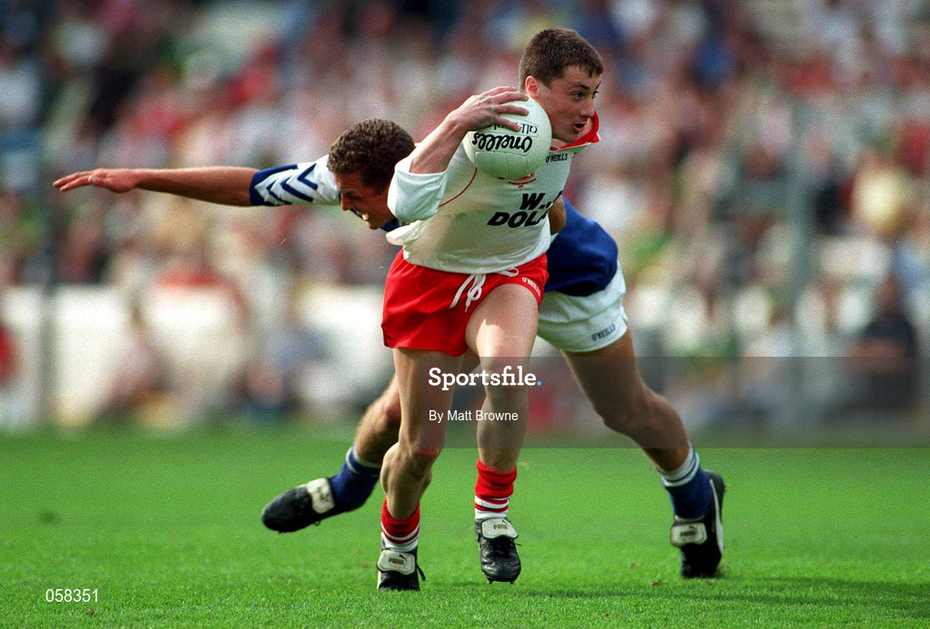 27 September 1998; Brian McGuigan of Tyrone is tackled by Darren Rooney of Laois during the All-Ireland Minor Football Championship Final match between Laois and Tyrone at Croke Park in Dublin. Photo by Matt Browne/Sportsfile