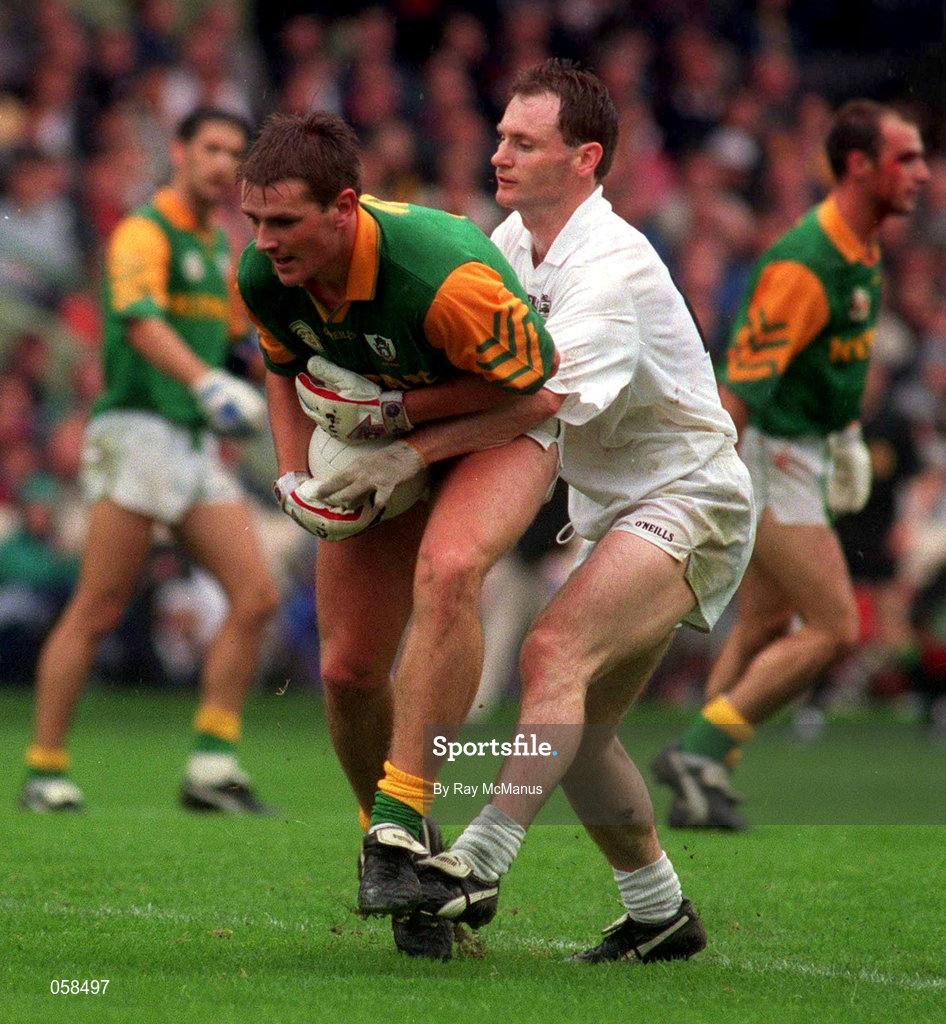 3 August 1997; Darren Fay of Meath is tackled by Declan Kerrigan of Kildare during the Leinster GAA Senior Football Championship Semi-Final Second Replay match between Meath and Kildare at Croke Park in Dublin. Photo by Ray McManus/Sportsfile
