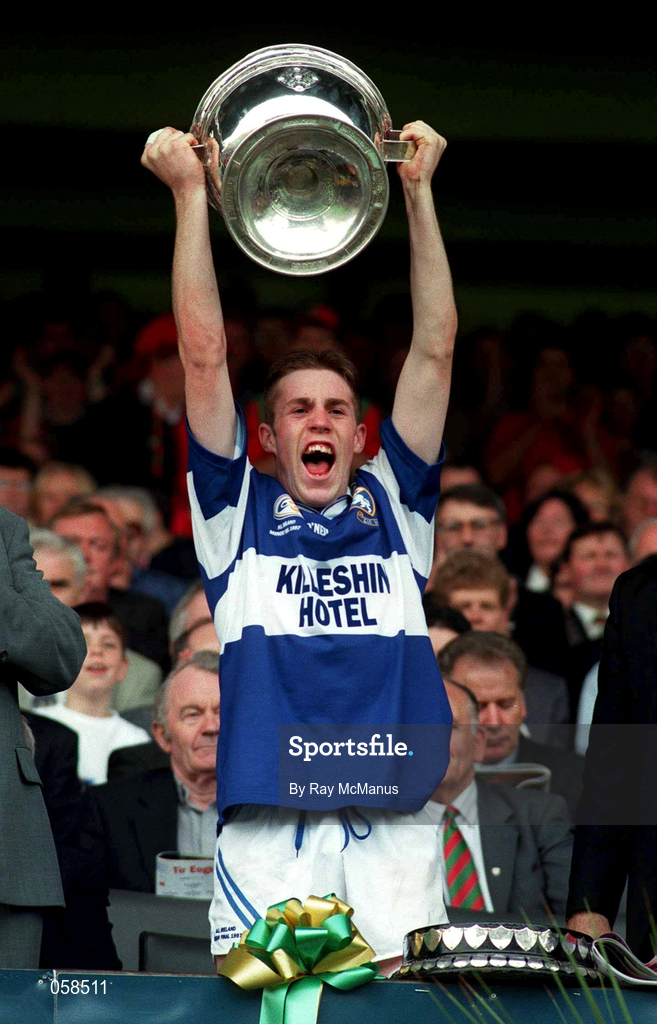 28 September 1997; Laois captain Kieran Kelly lifts the Tom Markham Cup after the All-Ireland Minor Football Championship Final match between Laois and Tyrone at Croke Park in Dublin. Photo by Ray McManus/Sportsfile