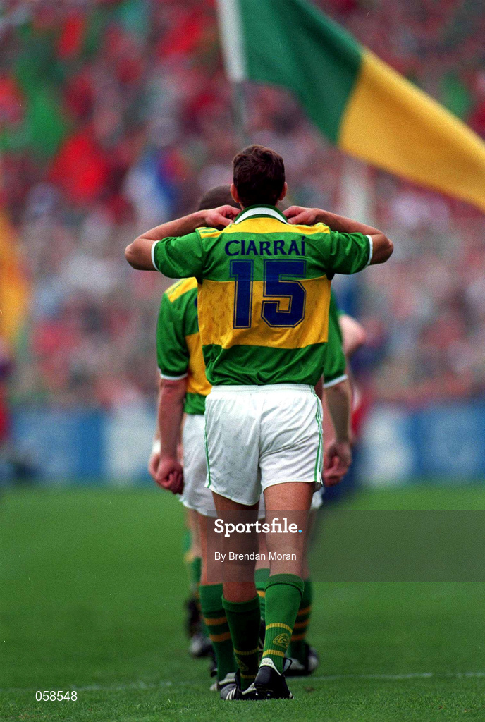 28 September 1997; Maurice Fitzgerald of Kerry fixes the collar of his jersey in the pre-match parade before the Bank of Ireland All-Ireland Senior Football Championship Final between Kerry and Mayo at Croke Park in Dublin. Photo by Brendan Moran/Sportsfile