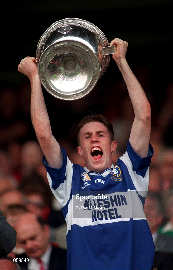 28 September 1997; Laois captain Kieran Kelly lifts the Tom Markham Cup after the All-Ireland Minor Football Championship Final match between Laois and Tyrone at Croke Park in Dublin. Photo by Ray McManus/Sportsfile