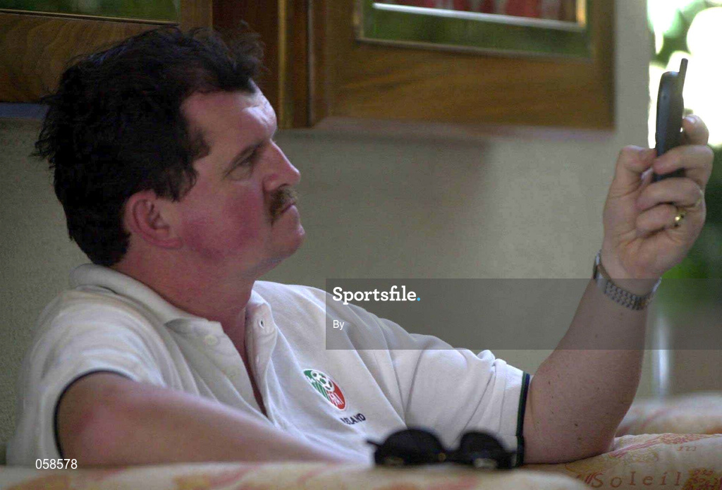 22 March 2001; FAI Chief Executive Bernard O'Byrne pictured, at the team hotel in Limassol, Cyprus, after finishing a call to the Department of Agriculture in Dublin about the Foot and Mouth outbreak in North Louth. Soccer. Picture credit; David Maher / SPORTSFILE *EDI*
