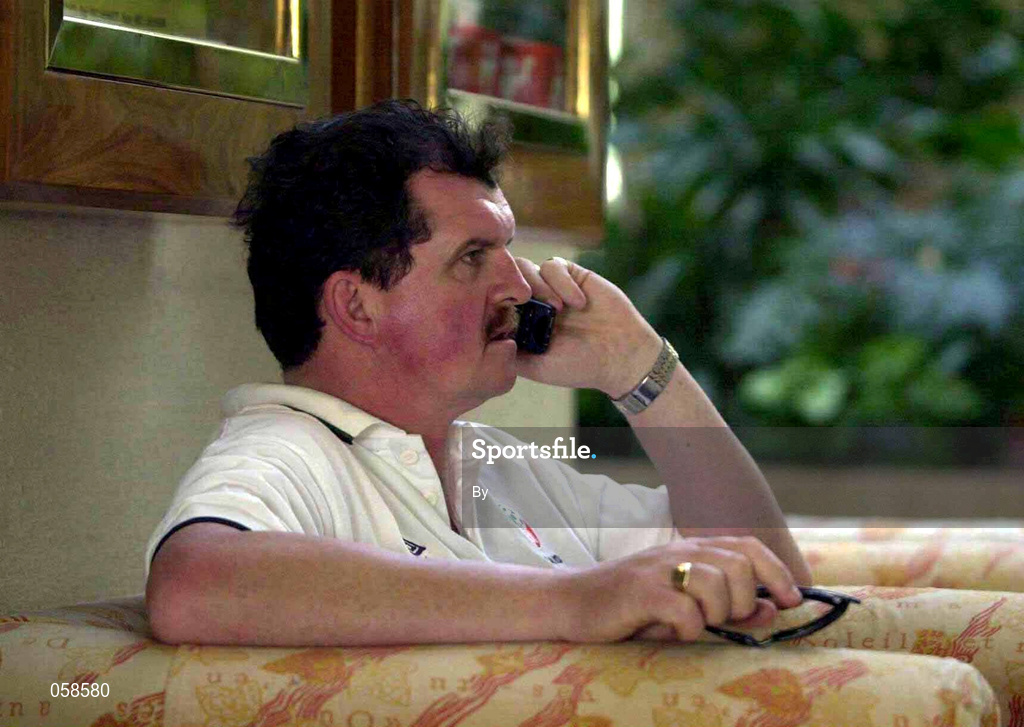 22 March 2001; FAI Chief Executive Bernard O'Byrne pictured, at the team hotel in Limassol, Cyprus, during a call to the Department of Agriculture in Dublin about the Foot and Mouth outbreak in North Louth. Soccer. Picture credit; David Maher / SPORTSFILE *EDI*
