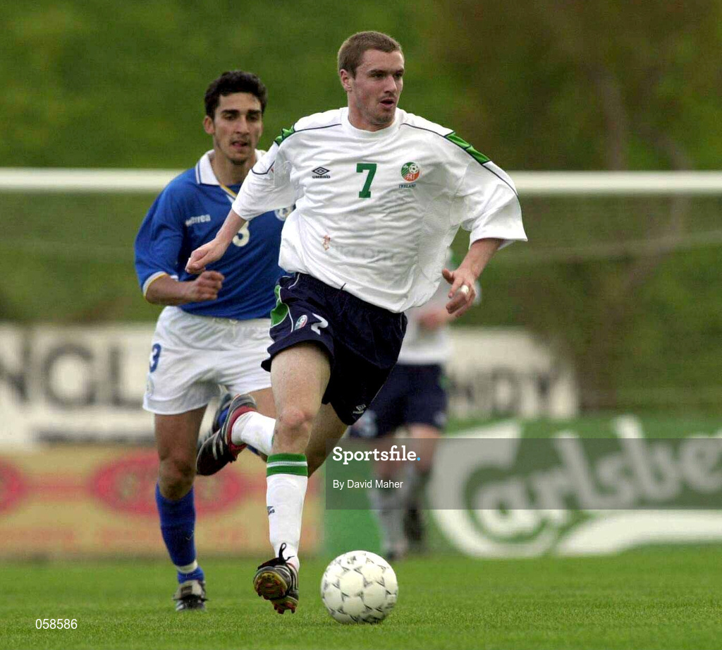 23 March 2001; Colin Healy of Republic of Ireland in action against Elias Charalombous of Cyprus during the UEFA European U21 Championship Qualification Group 2 game between Cyprus and Republic of Ireland at the GSZ Stadium in Larnaca, Cyprus. Photo by David Maher/Sportsfile