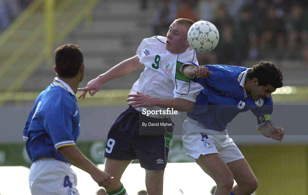 23 March 2001; Richie Foran of Republic of Ireland in action against Marios Ilia of Cyprus during the UEFA European U21 Championship Qualification Group 2 game between Cyprus and Republic of Ireland at the GSZ Stadium in Larnaca, Cyprus. Photo by Damien Eagers/Sportsfile