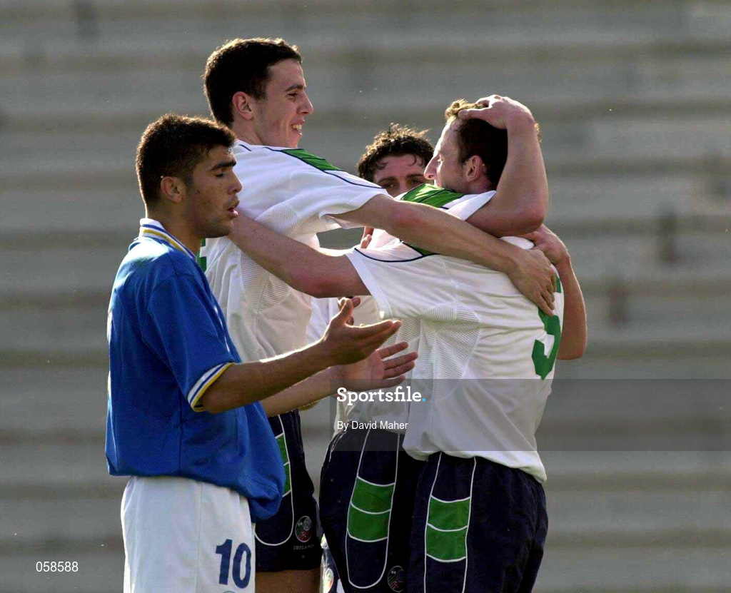 23 March 2001; Andy O'Brien of Republic of Ireland, right, celebrates with team-mates John O'Shea, left, and Michael Reddy after scoring his side's first goal during the UEFA European U21 Championship Qualification Group 2 game between Cyprus and Republic of Ireland at the GSZ Stadium in Larnaca, Cyprus. Photo by David Maher/Sportsfile