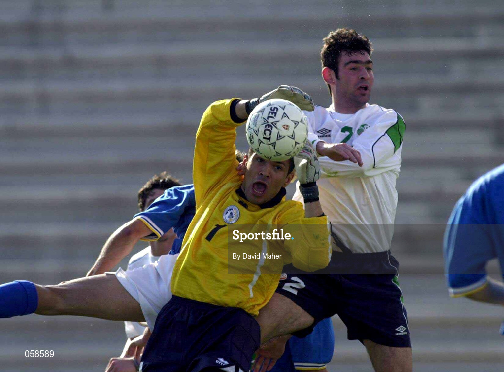 23 March 2001; Jason Gavin of Republic of Ireland  in action against Athos Chrysostomou of Cyprus during the UEFA European U21 Championship Qualification Group 2 game between Cyprus and Republic of Ireland at the GSZ Stadium in Larnaca, Cyprus. Photo by David Maher/Sportsfile