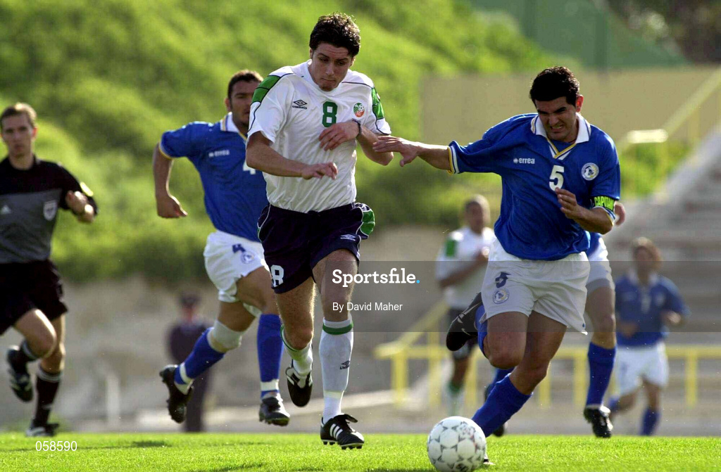 23 March 2001; Michael Reddy of Republic of Ireland in action against Marios Ilia of Cyprus during the UEFA European U21 Championship Qualification Group 2 game between Cyprus and Republic of Ireland at the GSZ Stadium in Larnaca, Cyprus. Photo by David Maher/Sportsfile