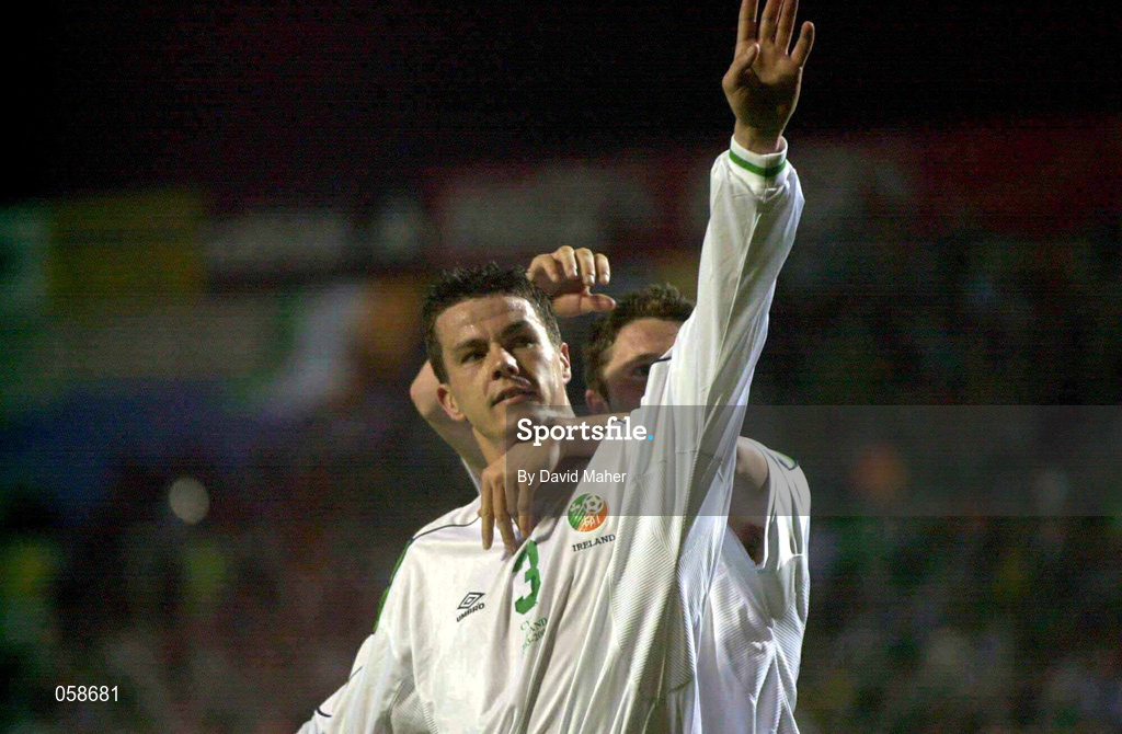 24 March 2001; Ian Harte of Republic of Ireland celebrates after scoring a goal during the 2002 FIFA World Cup Qualification Group 2 match between Cyprus and Republic of Ireland at GSP Stadium in Nicosia, Cyprus. Photo by David Maher/Sportsfile