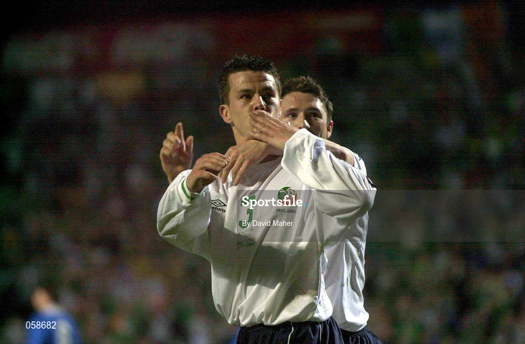 24 March 2001; Ian Harte of Republic of Ireland, 3, celebrates after scoring against Cyprus with team-mate Robbie Keane during the 2002 FIFA World Cup Qualification Group 2 match between Cyprus and Republic of Ireland at GSP Stadium in Nicosia, Cyprus. Photo by David Maher/Sportsfile