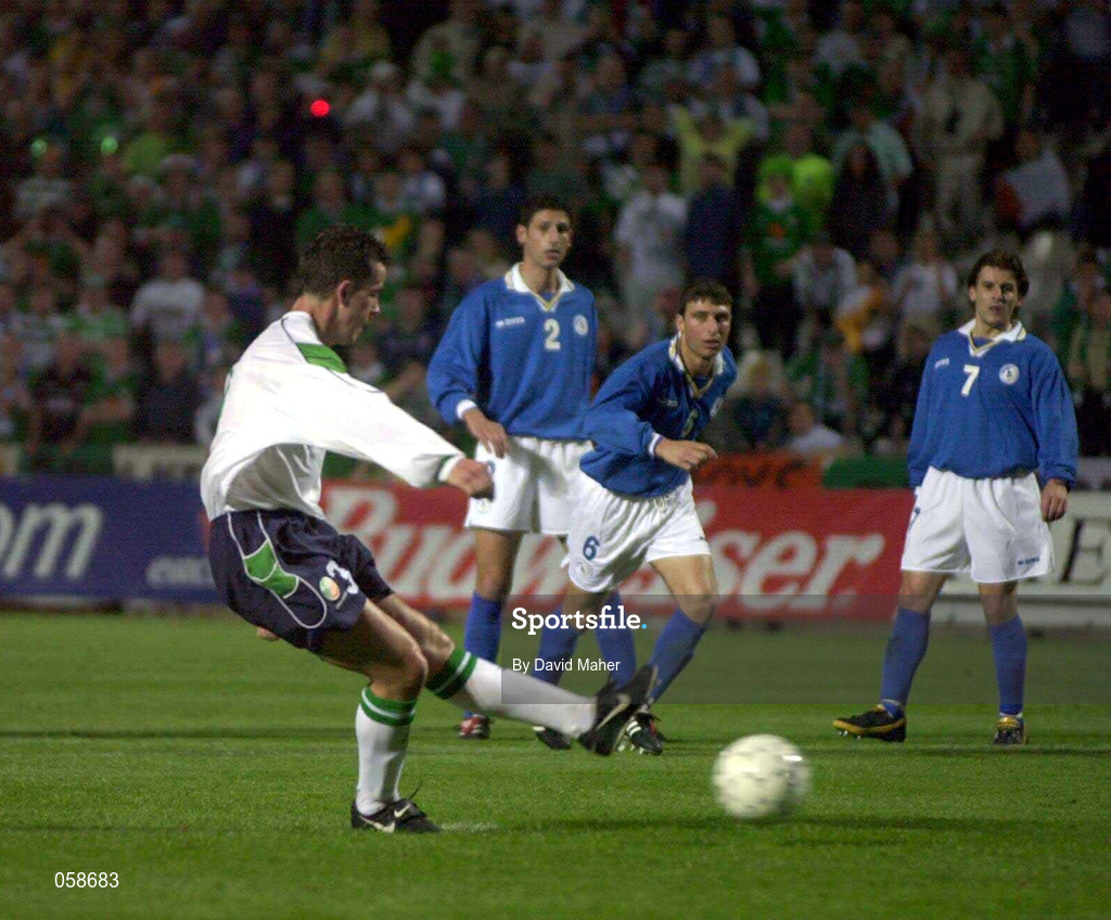 24 March 2001; Ian Harte of Republic of Ireland shoots to score his side's second goal, from a penalty during the 2002 FIFA World Cup Qualification Group 2 match between Cyprus and Republic of Ireland at GSP Stadium in Nicosia, Cyprus. Photo by David Maher/Sportsfile