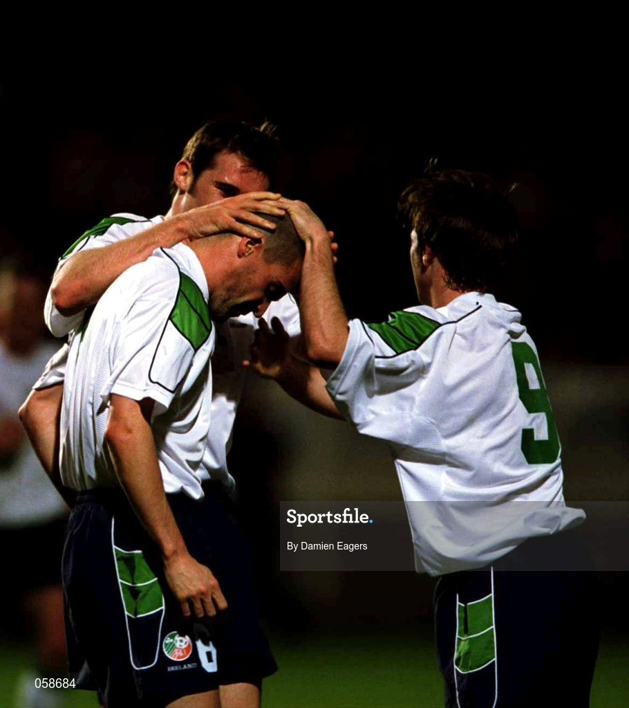 24 March 2000; Roy Keane of Republic of Ireland is congratulated by team-mates Kevin Kilbane, left, and David Connolly, 9, after scoring during the 2002 FIFA World Cup Qualification Group 2 match between Cyprus and Republic of Ireland at GSP Stadium in Nicosia, Cyprus. Photo by Damien Eagers/Sportsfile