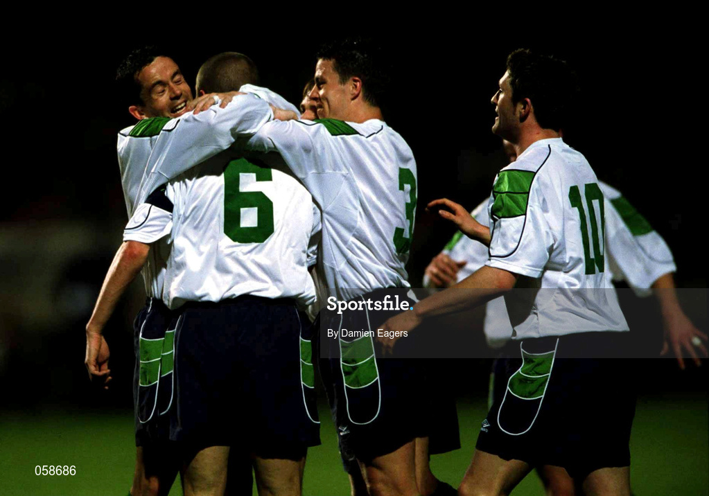 24 March 2000; Roy Keane of Republic of Ireland, 6,  is congratulated by team-mates, from left, Gary Kelly, Ian Harte and Robbie Keane after scoring against Cyprus during the 2002 FIFA World Cup Qualification Group 2 match between Cyprus and Republic of Ireland at GSP Stadium in Nicosia, Cyprus. Photo by Damien Eagers/Sportsfile