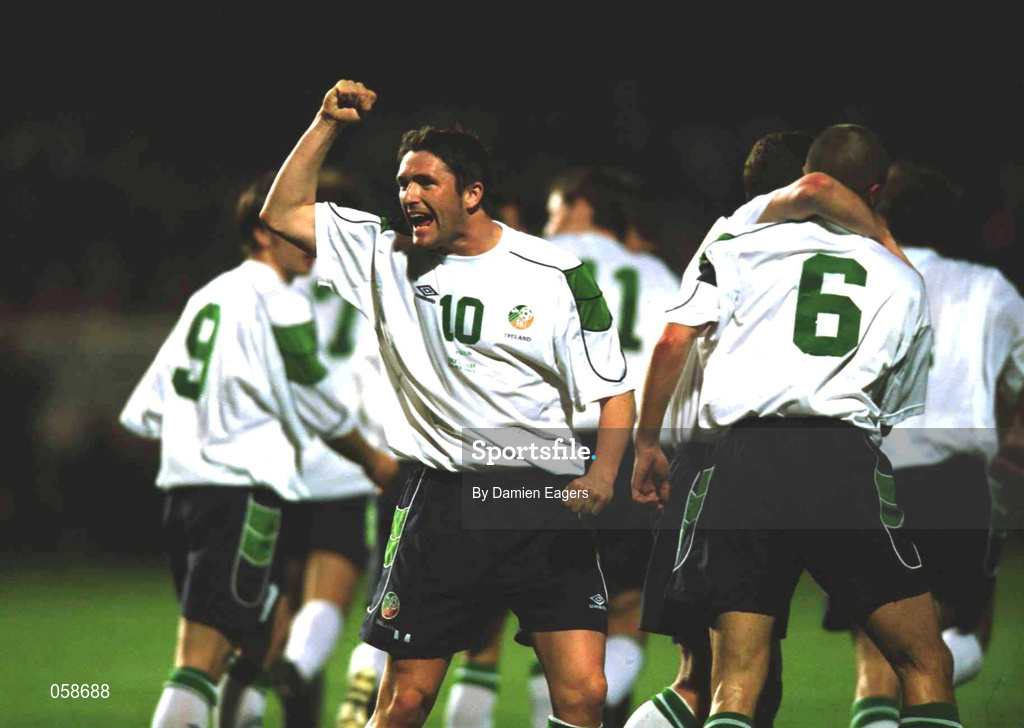 24 March 2000; Robbie Keane, 10, celebrates after team-mate Roy Keane, 6, scored during the 2002 FIFA World Cup Qualification Group 2 match between Cyprus and Republic of Ireland at GSP Stadium in Nicosia, Cyprus. Photo by Damien Eagers/Sportsfile