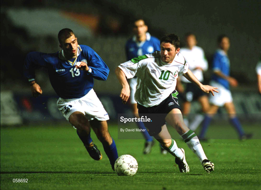 24 March 2000; Robbie Keane of Republic of Ireland in action against Filippos Filippou of Cyprus during the 2002 FIFA World Cup Qualification Group 2 match between Cyprus and Republic of Ireland at GSP Stadium in Nicosia, Cyprus. Photo by David Maher/Sportsfile