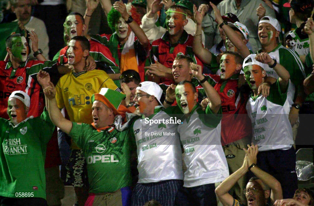 24 March 2001; Republic of Ireland fans celebrate after the 2002 FIFA World Cup Qualification Group 2 match between Cyprus and Republic of Ireland at GSP Stadium in Nicosia, Cyprus. Photo by David Maher/Sportsfile