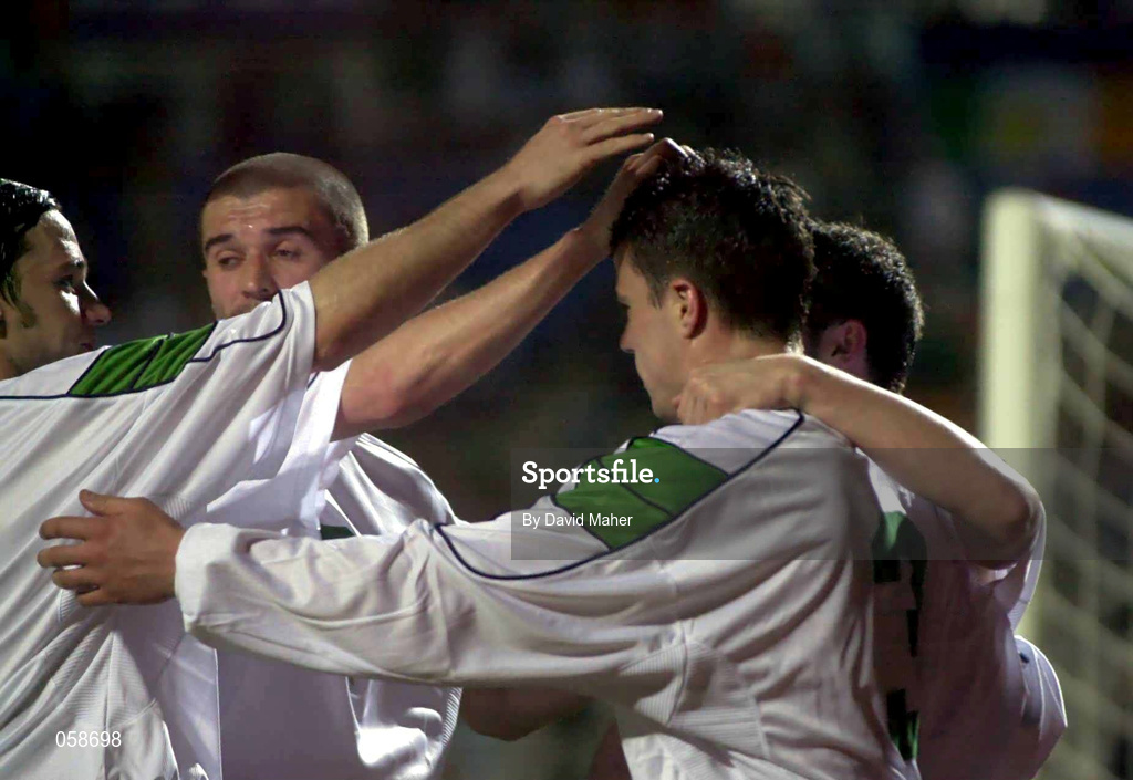 24 March 2001; Ian Harte of Republic of Ireland, front, celebrates with team-mates after scoring a goal from a penalty the 2002 FIFA World Cup Qualification Group 2 match between Cyprus and Republic of Ireland at GSP Stadium in Nicosia, Cyprus. Photo by David Maher/Sportsfile