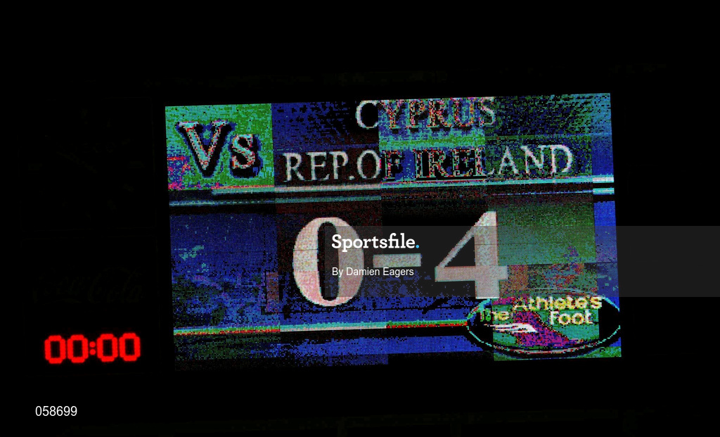 24 March 2000; A general view of the final score shown on the scoreboard after the 2002 FIFA World Cup Qualification Group 2 match between Cyprus and Republic of Ireland at GSP Stadium in Nicosia, Cyprus. Photo by Damien Eagers/Sportsfile