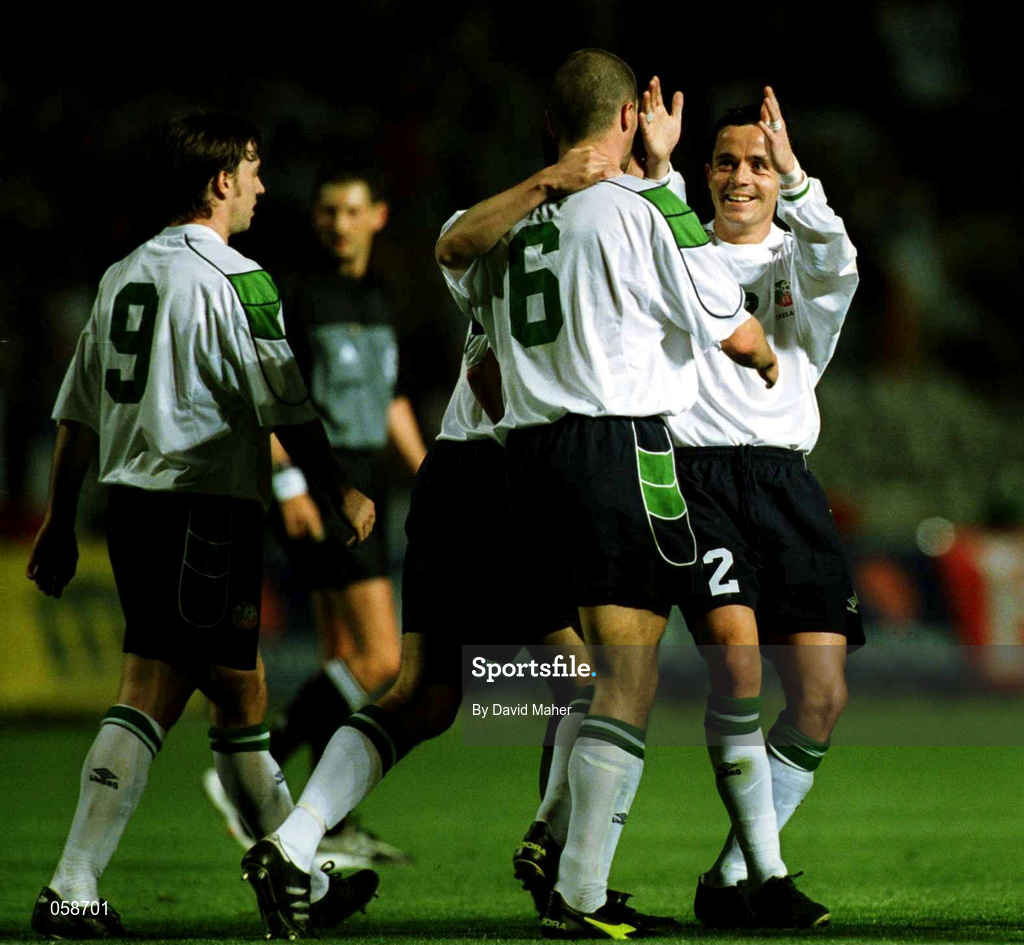 24 March 2000; Roy Keane, 6, of Republic of Ireland is congratulated by team-mate Gary Kelly after scoring his side's fourth goal during the 2002 FIFA World Cup Qualification Group 2 match between Cyprus and Republic of Ireland at GSP Stadium in Nicosia, Cyprus. Photo by David Maher/Sportsfile