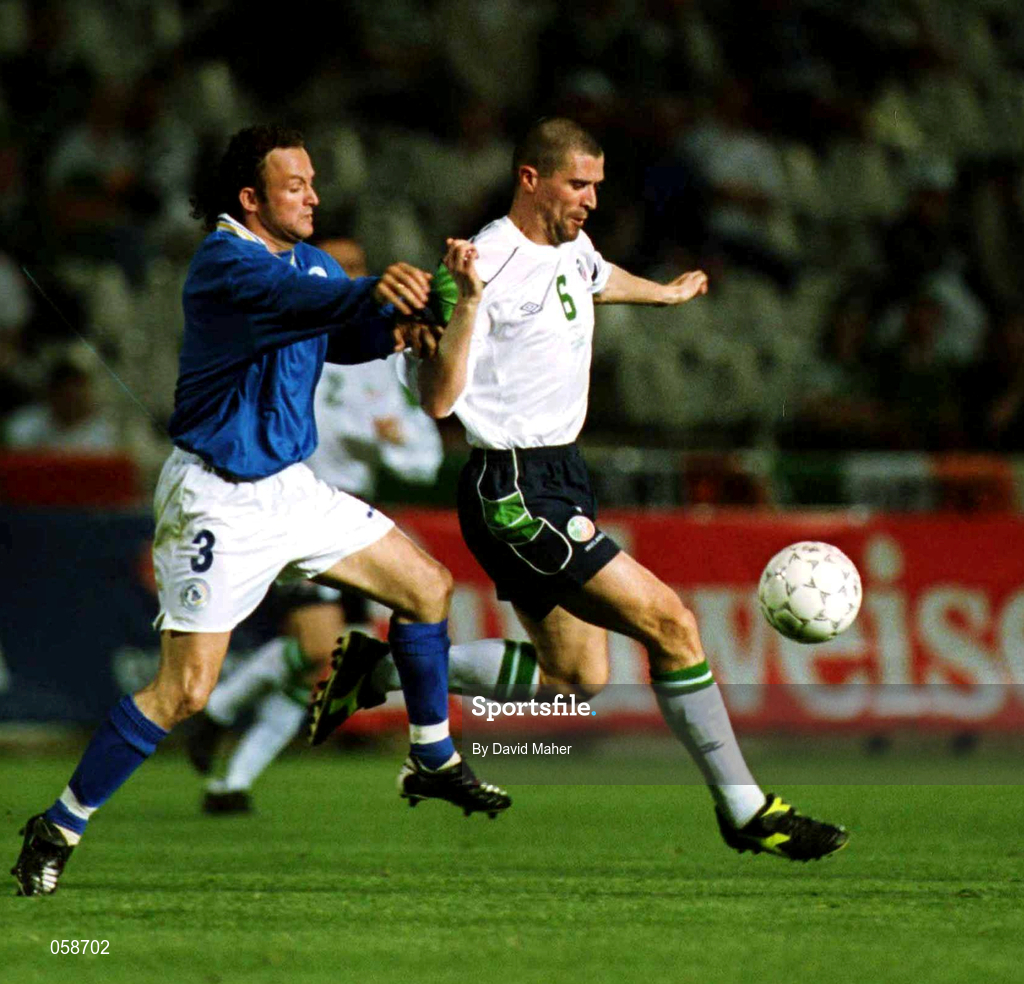 24 March 2000; Roy Keane of Republic of Ireland in action against Vassos Melanarkitis of Cyprus during the 2002 FIFA World Cup Qualification Group 2 match between Cyprus and Republic of Ireland at GSP Stadium in Nicosia, Cyprus. Photo by David Maher/Sportsfile
