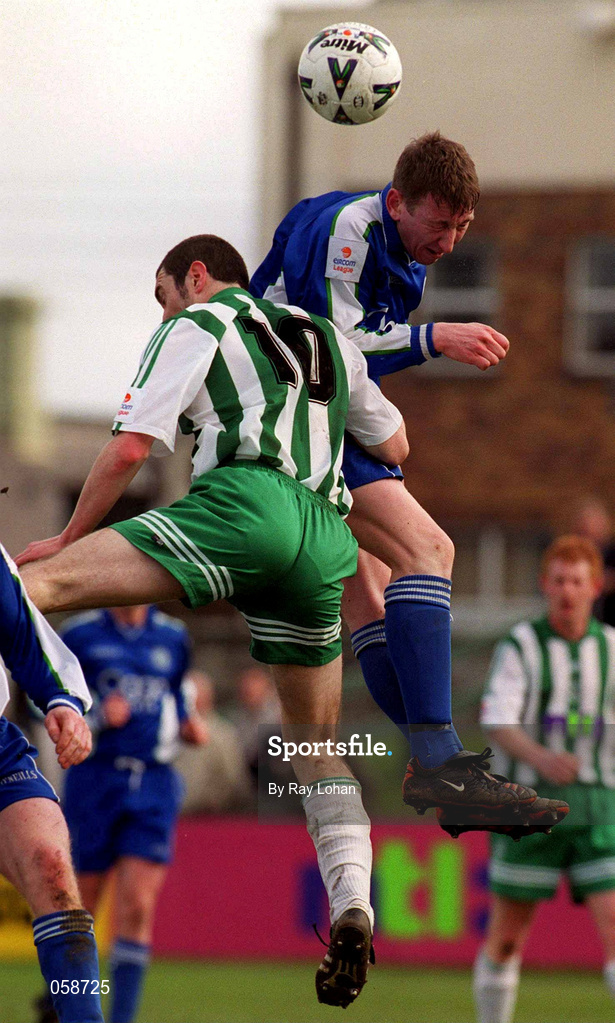 25 March 2001; Shane Bradley of Finn Harps in action against Jason Byrne of Bray Wanderers during the Eircom League Premier Division match between Bray Wanderers and Finn Harps at the Carlisle Grounds in Bray, Wicklow. Photo by Ray Lohan/Sportsfile