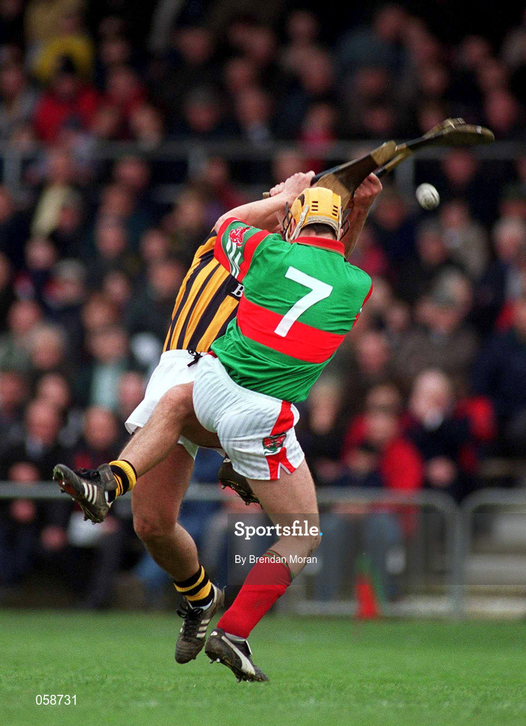 25 March 2001; Johnny Dooley of Seir Kieran in action against Niall Claffey of Birr during the Offaly County Senior Hurling Championship Final match between Birr and Seir Kieran at St Brendan's Park in Birr, Offaly. Photo by Brendan Moran/Sportsfile