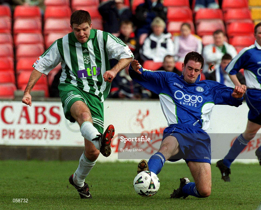 25 March 2001; Fergal Harkin of Finn Harps, in action against Barry O'Connor of Bray Wanderers during the Eircom League Premier Division match between Bray Wanderers and Finn Harps at the Carlisle Grounds in Bray, Wicklow. Photo by Ray Lohan/Sportsfile