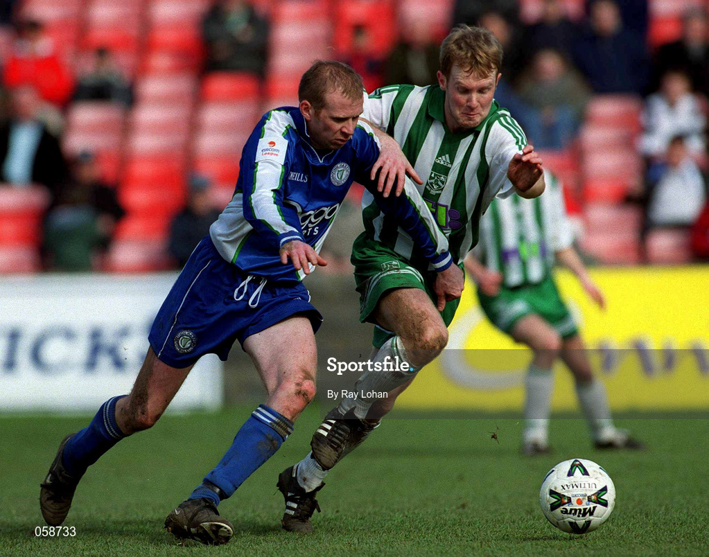 25 March 2001; Paddy McGrenaghan of Finn Harps in action against Stephen Gifford of Bray Wanderers during the Eircom League Premier Division match between Bray Wanderers and Finn Harps at the Carlisle Grounds in Bray, Wicklow. Photo by Ray Lohan/Sportsfile