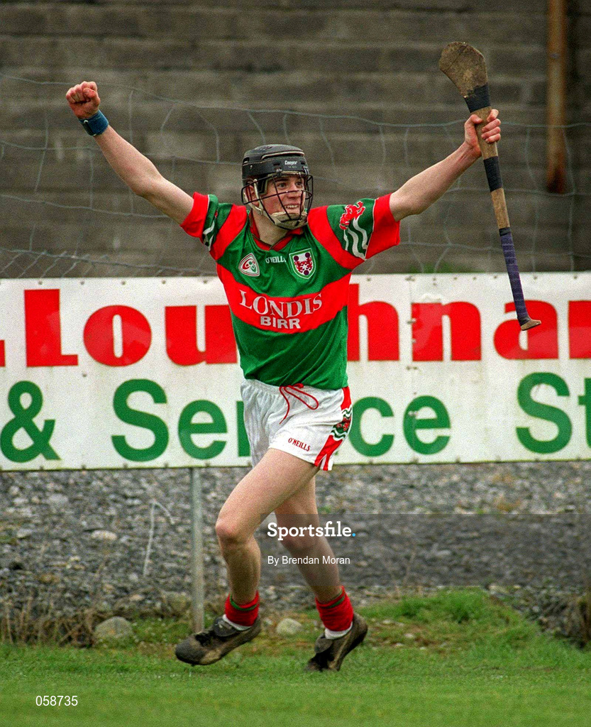 25 March 2001; Rory Hannify of Birr celebrates scoring his side's second goal during the Offaly County Senior Hurling Championship Final match between Birr and Seir Kieran at St Brendan's Park in Birr, Offaly. Photo by Brendan Moran/Sportsfile
