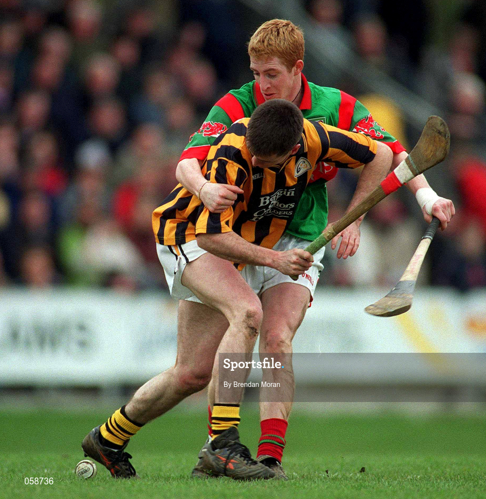 25 March 2001; Barry Whelahan of Birr in action against Joe Guinan of Seir Kieran during the Offaly County Senior Hurling Championship Final match between Birr and Seir Kieran at St Brendan's Park in Birr, Offaly. Photo by Brendan Moran/Sportsfile