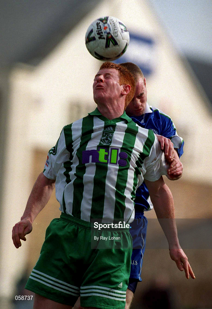 25 March 2001; Jonathan Minnock of Finn Harps in action against Garry Smyth of Bray Wanderers during the Eircom League Premier Division match between Bray Wanderers and Finn Harps at the Carlisle Grounds in Bray, Wicklow. Photo by Ray Lohan/Sportsfile