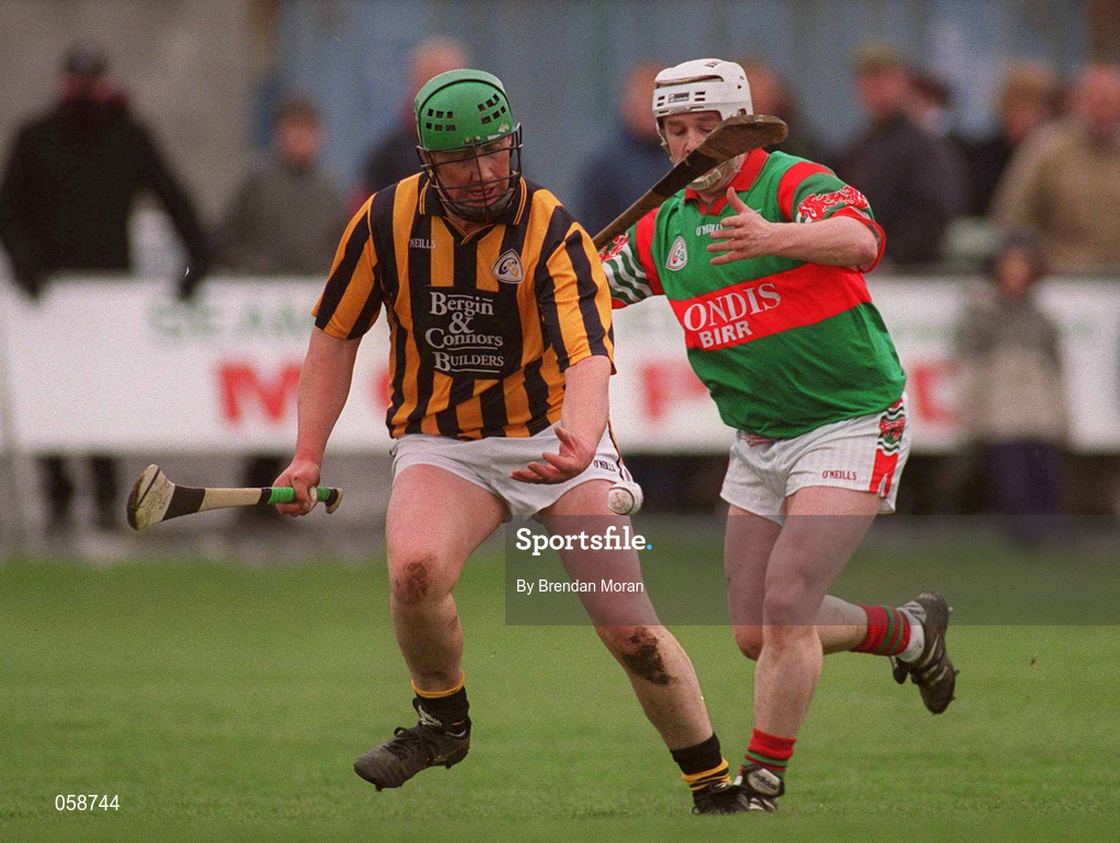 25 March 2001; Ger Connors of Seir Kieran in action against Joe Errity of Birr during the Offaly County Senior Hurling Championship Final match between Birr and Seir Kieran at St Brendan's Park in Birr, Offaly. Photo by Brendan Moran/Sportsfile