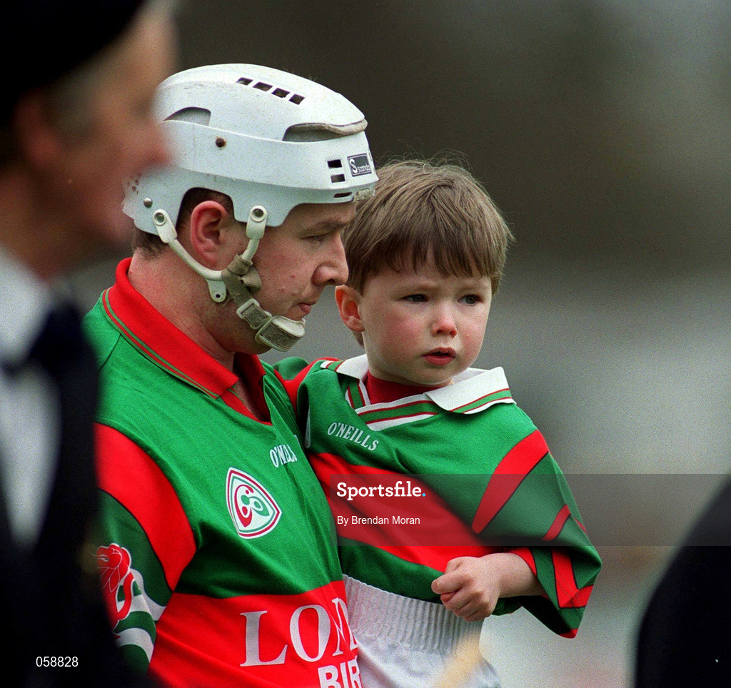 25 March 2001; Birr captain Gary Cahill with his son Eoghan in the pre match parade before the Offaly County Senior Hurling Championship Final match between Birr and Seir Kieran at St Brendan's Park in Birr, Offaly. Photo by Brendan Moran/Sportsfile