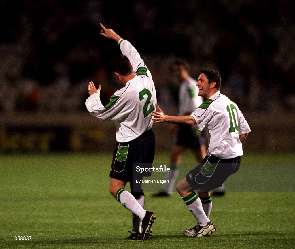 24 March 2001; Gary Kelly of Republic of Ireland, left, celebrates scoring a goal with team-mate Robbie Keane during the 2002 FIFA World Cup Qualification Group 2 match between Cyprus and Republic of Ireland at GSP Stadium in Nicosia, Cyprus. Photo by Damien Eagers/Sportsfile