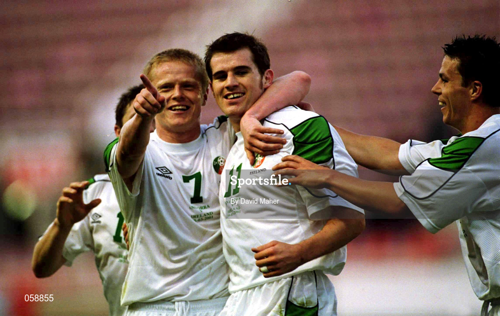 28 March 2001; Kevin Kilbane of Republic of Ireland, centre, celebrates scoring his side's second goal with team-mates Damien Duff, left, and Ian Harte during the 2002 FIFA World Cup Qualifier match between Andorra and Republic of Ireland at the Mini Estadi in Barcelona, Spain. Photo by David Maher/Sportsfile