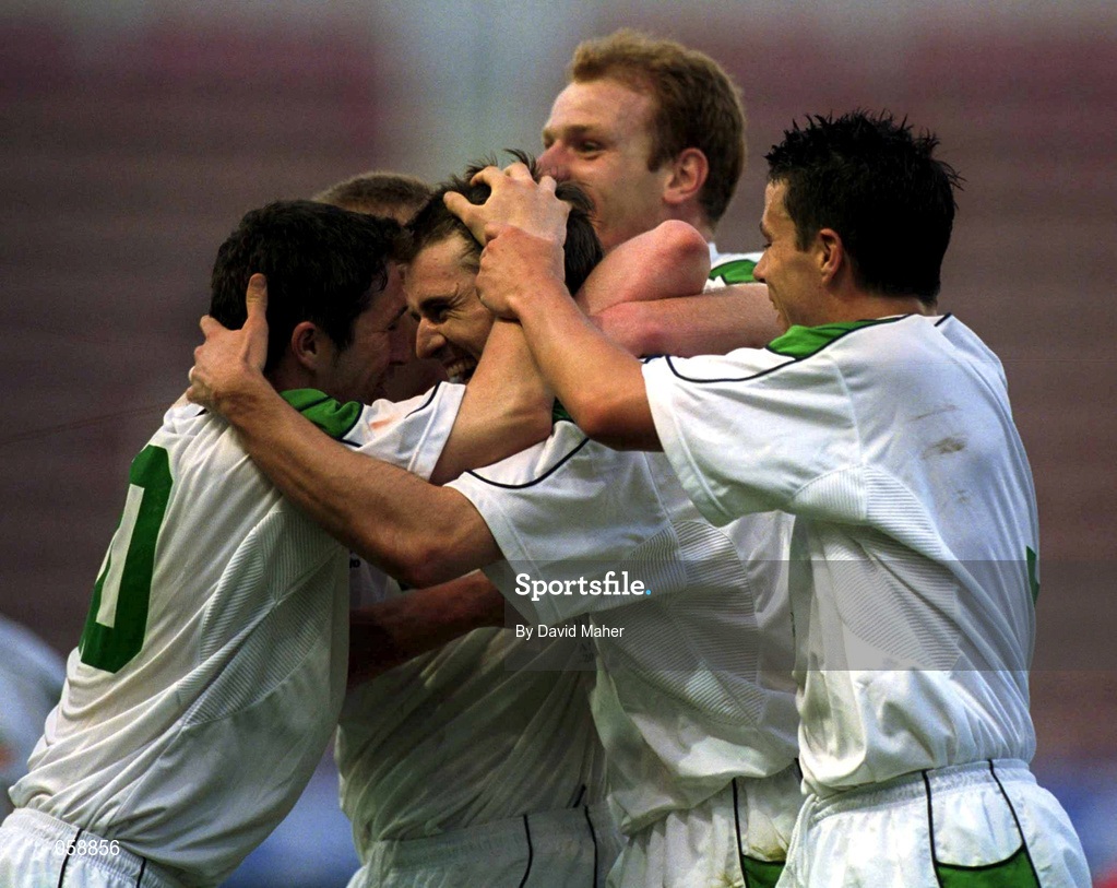 28 March 2001; Kevin Kilbane of Republic of Ireland celebrates scoring his side's second goal with team-mates including Robbie Keane, left, Gary Doherty, second from right, and Ian Harte, right, during the 2002 FIFA World Cup Qualifier match between Andorra and Republic of Ireland at the Mini Estadi in Barcelona, Spain. Photo by David Maher/Sportsfile