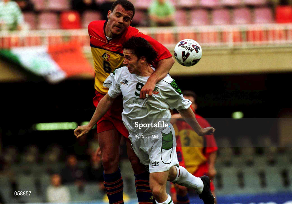 28 March 2001; David Connolly of Republic of Ireland in action against Oscar Sonegro of Andorra during the 2002 FIFA World Cup Qualifier match between Andorra and Republic of Ireland at the Mini Estadi in Barcelona, Spain. Photo by David Maher/Sportsfile