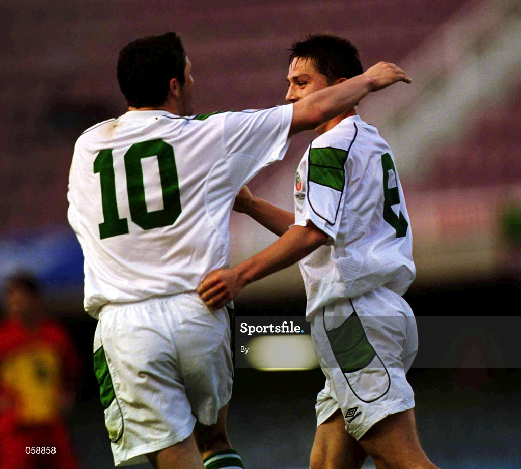28 March 2001; Matt Holland, right, of Republic of Ireland celebrates scoring the third goal against Andorra with team-mate Robbie Keane during the 2002 FIFA World Cup Qualifier match between Andorra and Republic of Ireland at the Mini Estadi in Barcelona, Spain. Photo by David Maher/Sportsfile