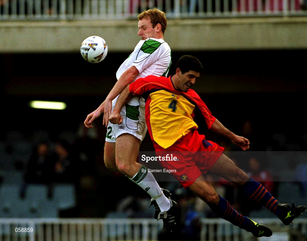 28 March 2001; Gary Doherty of Republic of Ireland in action against Jonas Alonzo of Andorra during the 2002 FIFA World Cup Qualifier match between Andorra and Republic of Ireland at the Mini Estadi in Barcelona, Spain. Photo by Damien Eagers/Sportsfile