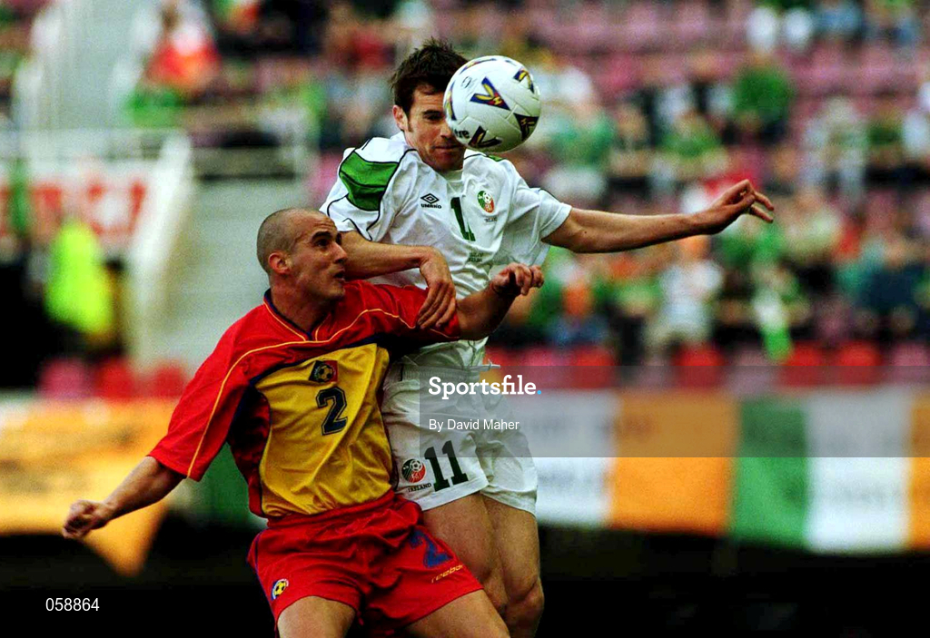28 March 2001; Kevin Kilbane of Republic of Ireland in action against Justo Ruiz of Andorra during the 2002 FIFA World Cup Qualifier match between Andorra and Republic of Ireland at the Mini Estadi in Barcelona, Spain. Photo by David Maher/Sportsfile
