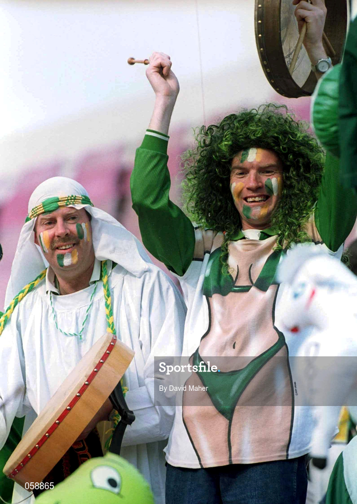 28 March 2001; Republic of Ireland fans celebrate after the 2002 FIFA World Cup Qualifier match between Andorra and Republic of Ireland at the Mini Estadi in Barcelona, Spain. Photo by David Maher/Sportsfile