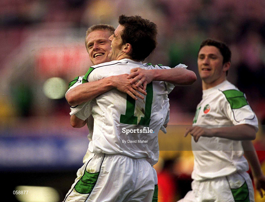 28 March 2001; Kevin Kilbane, 11, of Republic of Ireland celebrates with team-mate Damien Duff after scoring his side's second goal during the 2002 FIFA World Cup Qualifier match between Andorra and Republic of Ireland at the Mini Estadi in Barcelona, Spain. Photo by David Maher/Sportsfile