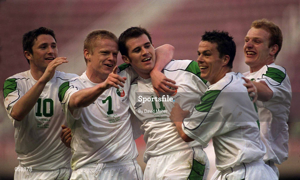 28 March 2001; Kevin Kilbane of Republic of Ireland, 11, celebrates scoring his side's second goal with team-mates, from left, Robbie Keane, Damien Duff, Ian Harte, and Gary Doherty during the 2002 FIFA World Cup Qualifier match between Andorra and Republic of Ireland at the Mini Estadi in Barcelona, Spain. Photo by David Maher/Sportsfile