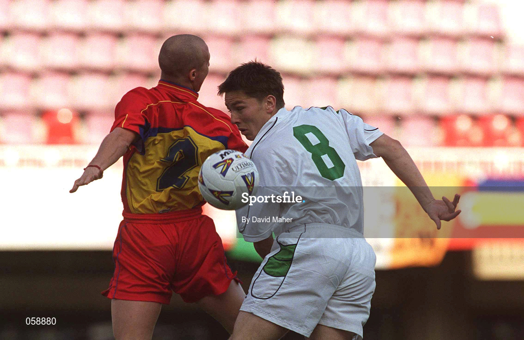 28 March 2001; Matt Holland of Republic of Ireland in action against Augusti Pol of Andorra during the 2002 FIFA World Cup Qualifier match between Andorra and Republic of Ireland at the Mini Estadi in Barcelona, Spain. Photo by David Maher/Sportsfile