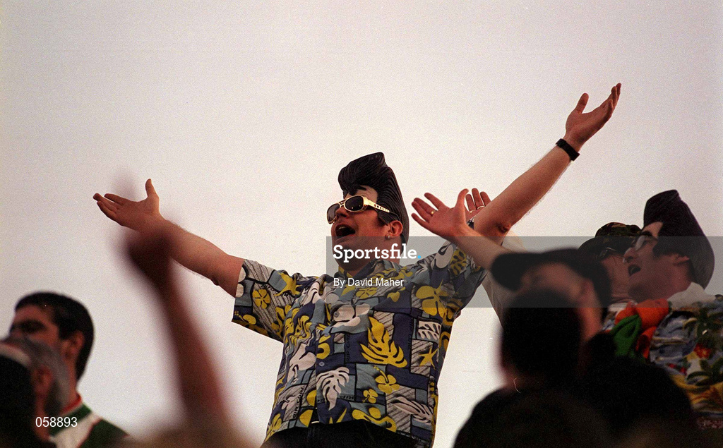 28 March 2001; Republic of Ireland supporters dressed up as Elvis impersonaters during the 2002 FIFA World Cup Qualifier match between Andorra and Republic of Ireland at the Mini Estadi in Barcelona, Spain. Photo by David Maher/Sportsfile