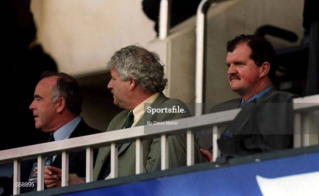 28 March 2001; FAI Chief Executive Bernard O'Byrne, right, with FAI Vice President Milo Corcoran, centre, and FAI President Pat Quigley during the 2002 FIFA World Cup Qualifier match between Andorra and Republic of Ireland at the Mini Estadi in Barcelona, Spain. Photo by David Maher/Sportsfile