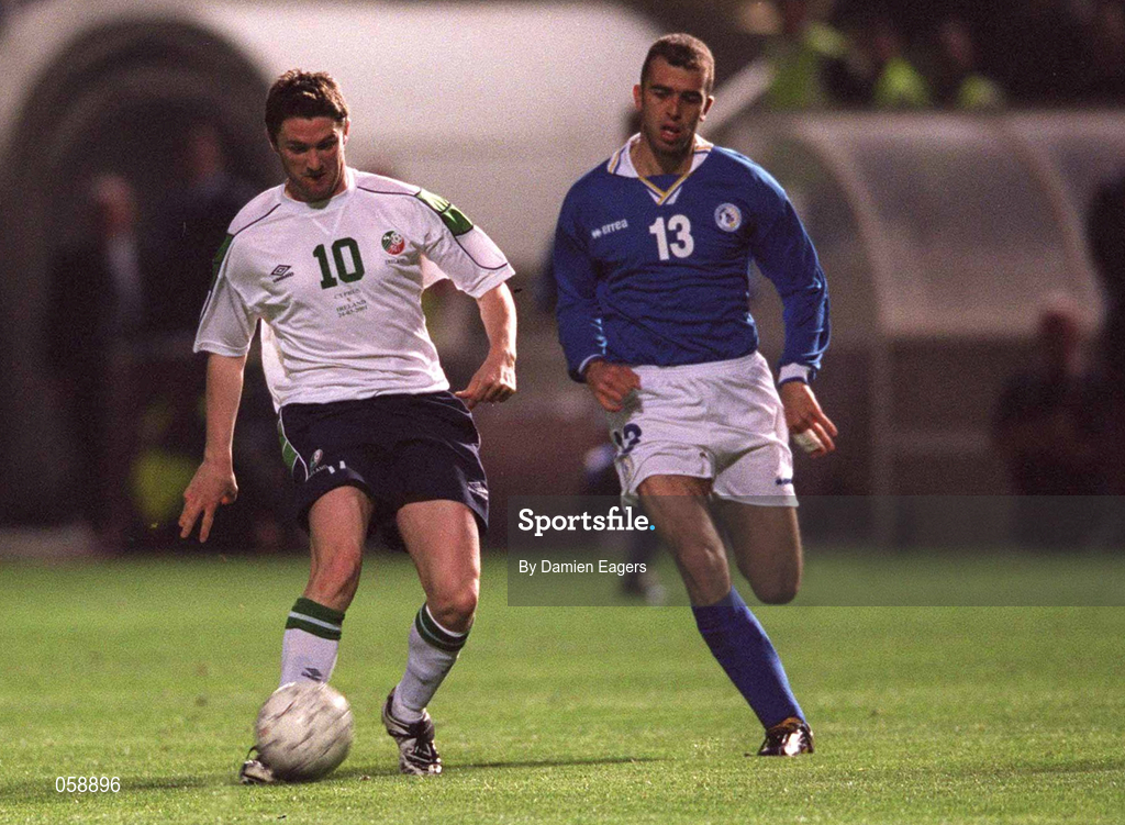 24 March 2001; Robbie Keane of Republic of Ireland in action against Filippos Filippou of Cyprus during the 2002 FIFA World Cup Qualification Group 2 match between Cyprus and Republic of Ireland at GSP Stadium in Nicosia, Cyprus. Photo by Damien Eagers/Sportsfile